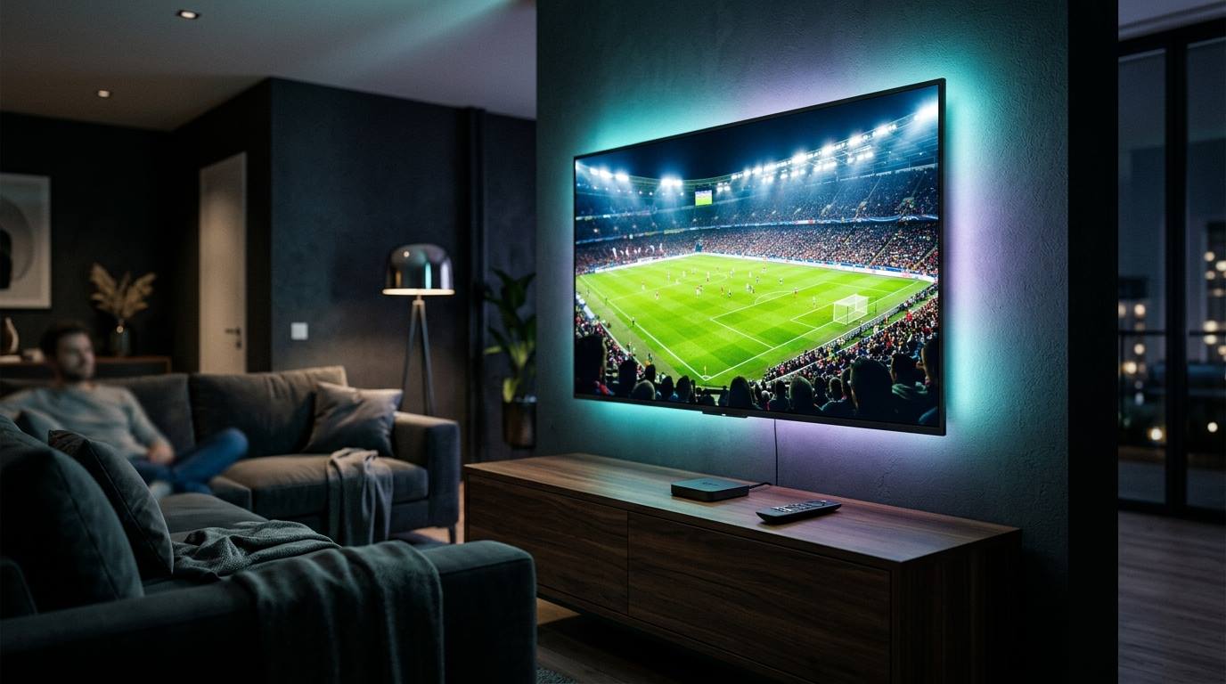 4K IPTV live football match on a wall-mounted TV with a Fire TV streaming box and remote in a modern living room